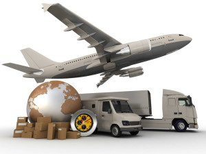 3D rendering of a world map, packages, a chronometer vans, trucks, and an airplane